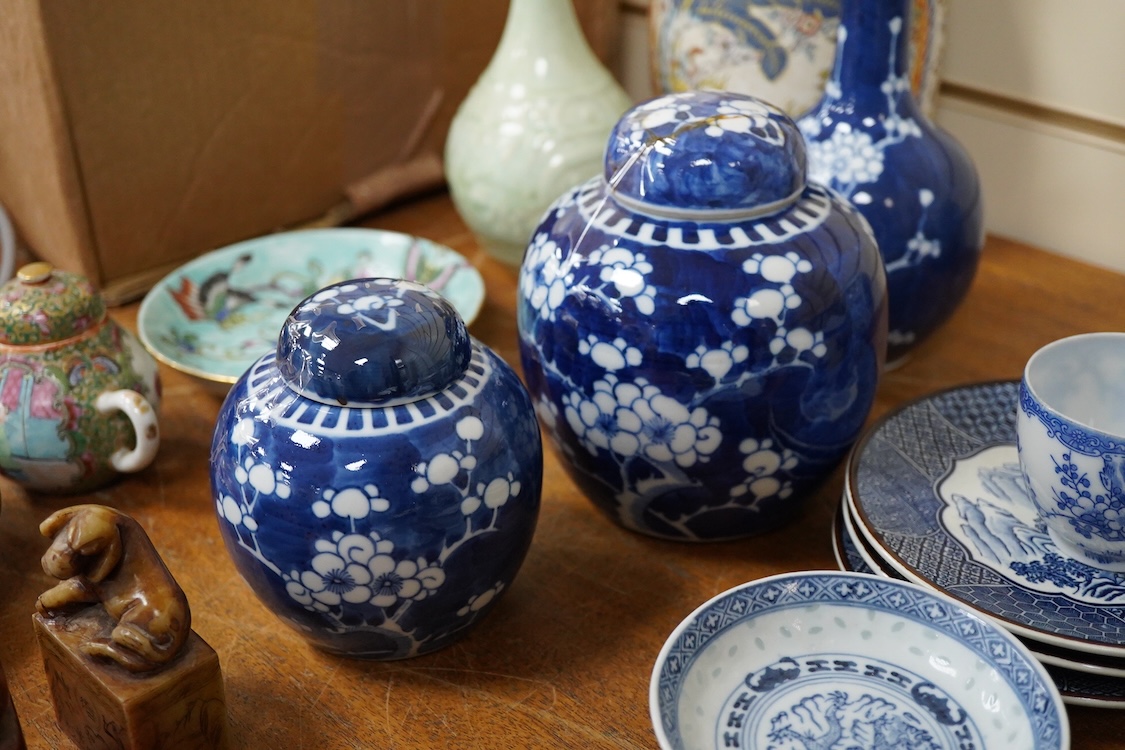 Mixed Chinese blue and white china, including two jars and covers, teapot, two hard stone carvings a celedon vase etc tallest 26cm high